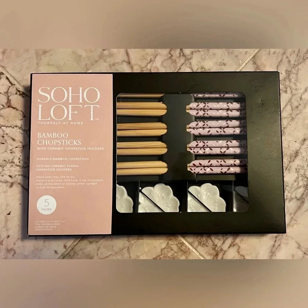 NEW Soho Loft 10pc Bamboo Chopsticks with Ceramic Holders Set